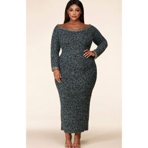 L'atiste by Amy Dress 1X Women's Gray Metallic Off The Shoulder Maxi Gold Chain